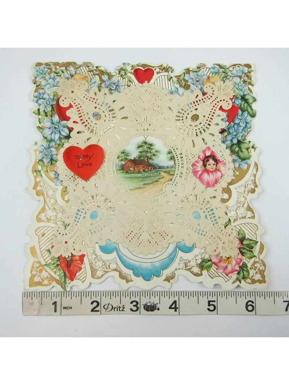 Antique Valentine Die cut Farm House Trees Flowers Gold Embossed Boy Girl Canoe